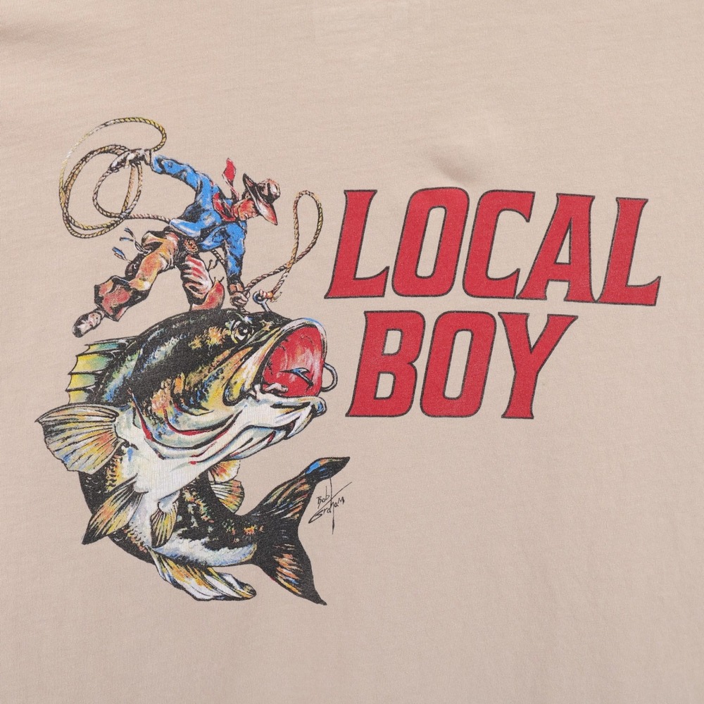 Local Boy Outfitters Bass Cowboy Graphic Pocket T-Shirt Tan Short Sleeve Mens L